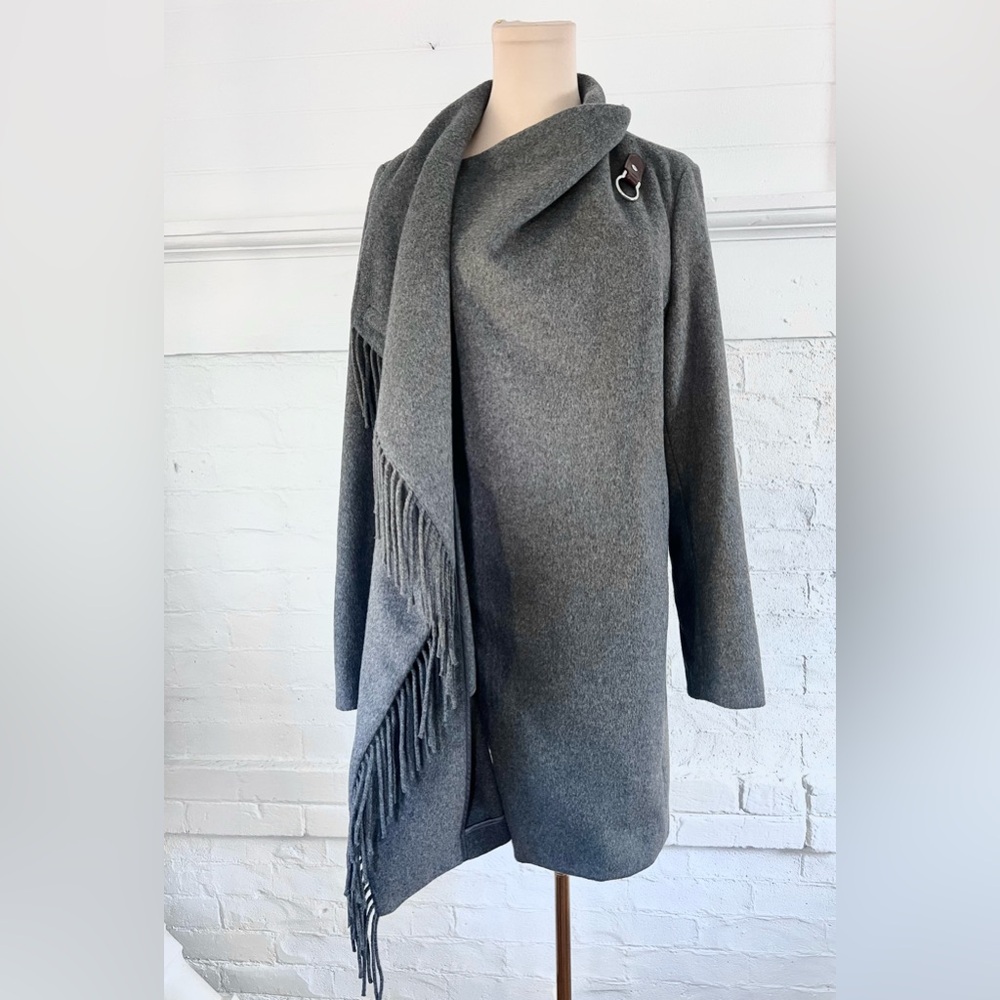 Lauren Ralph Lauren Fringe Wrap Coat Heather Gray Wool Blend Mid Length Size 6 - Picture 8 of 14